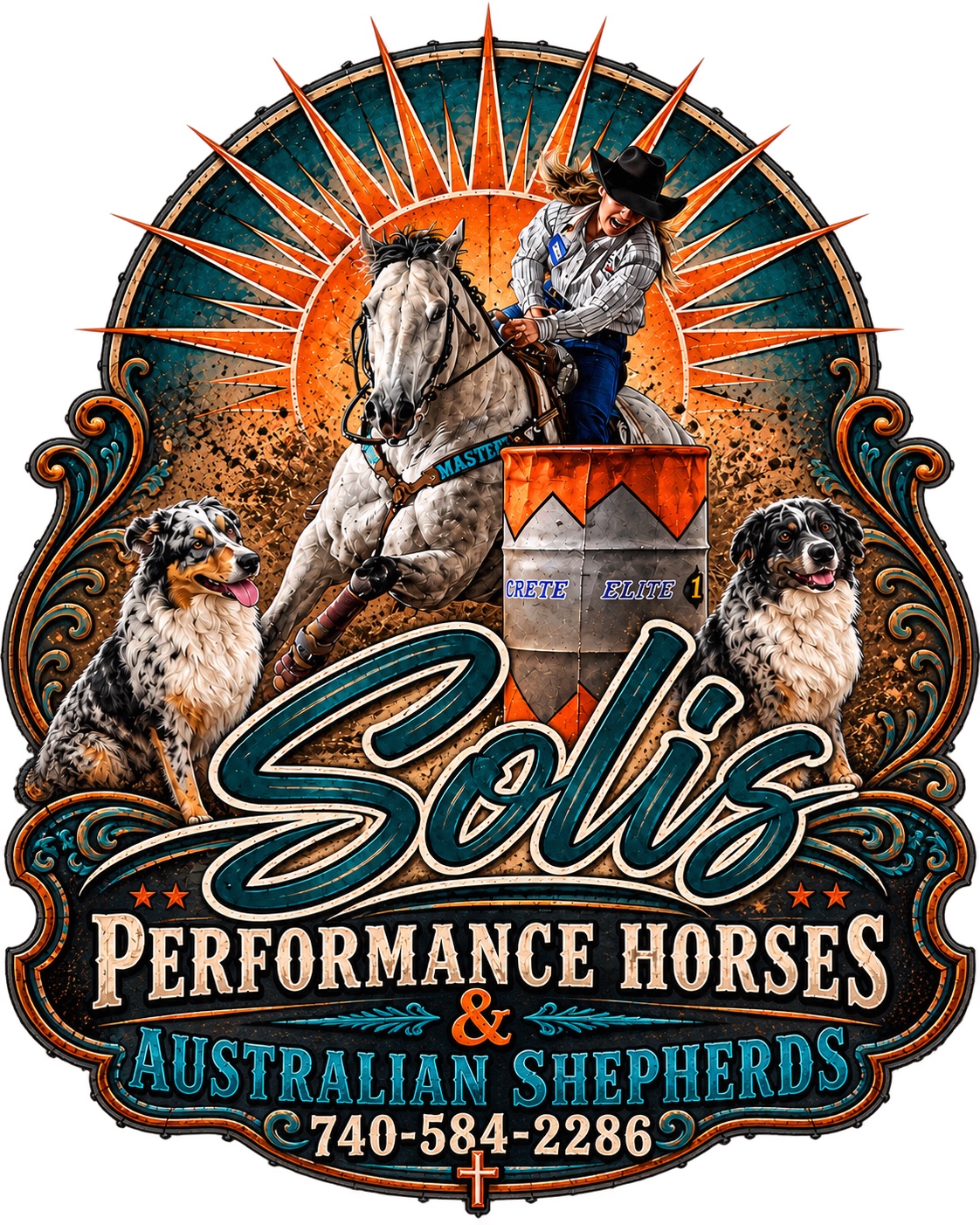 Original Solis western logo with barrel racer and Australian Shepherds